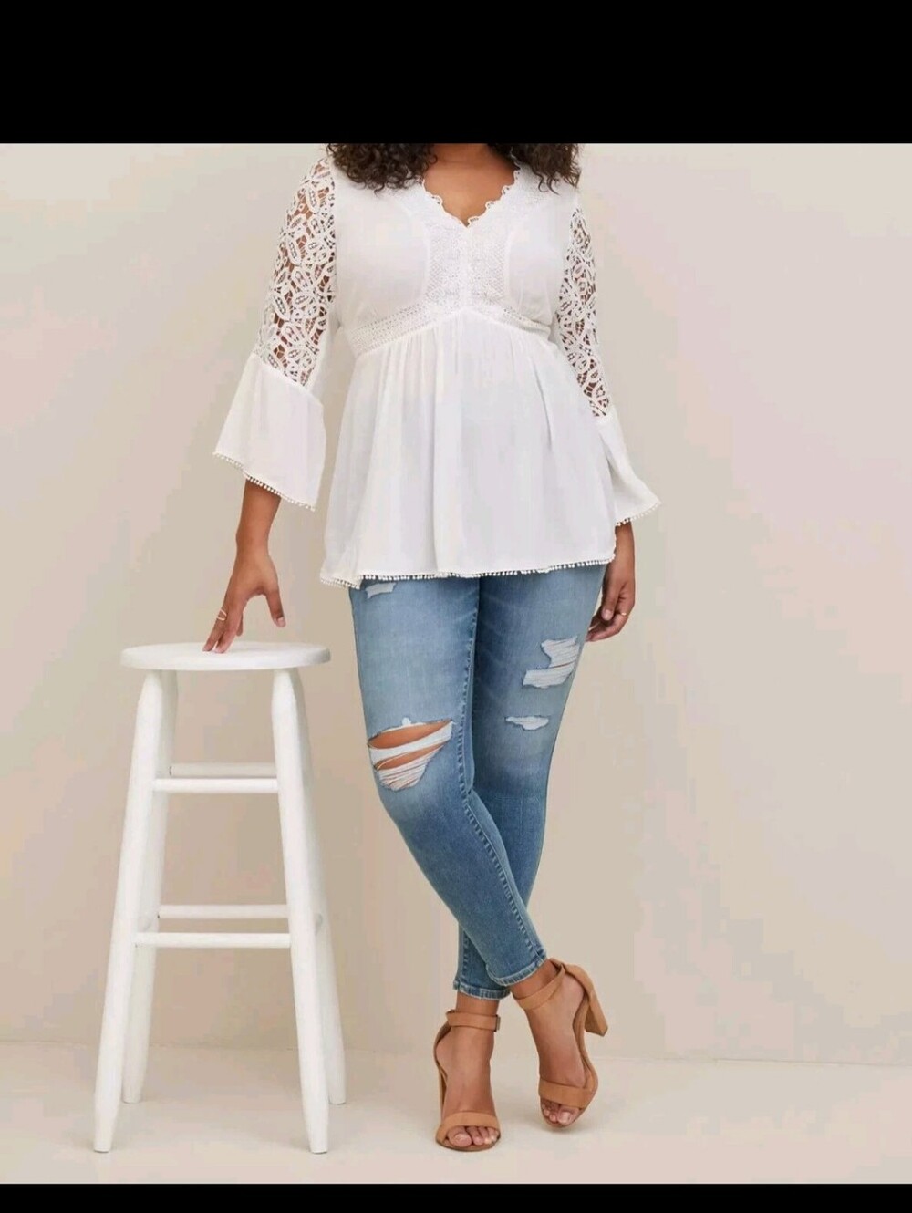 Torrid Babydoll Crinkle Gauze Lace Sleeve Detail Top White Boho 4 4X 26 #B92078